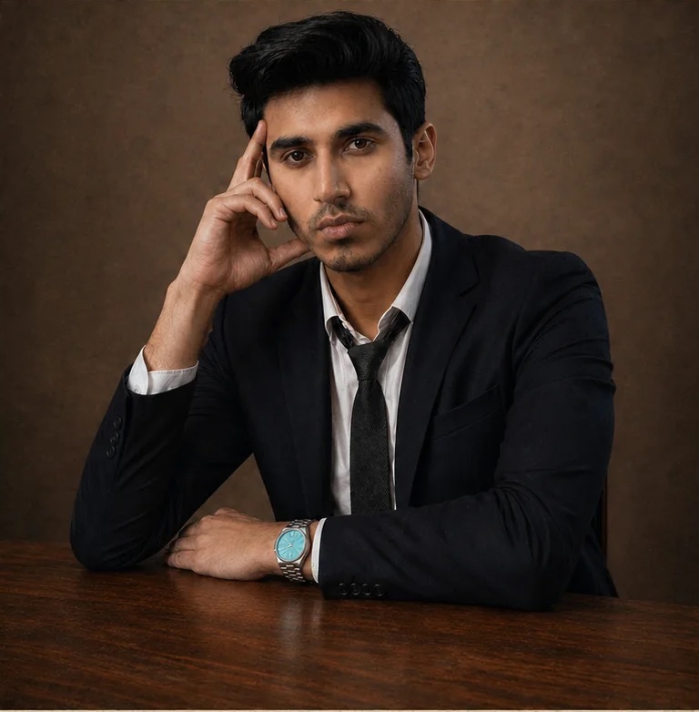 Abhinav Raj seated at a desk, one hand at his temple, looking at the camera